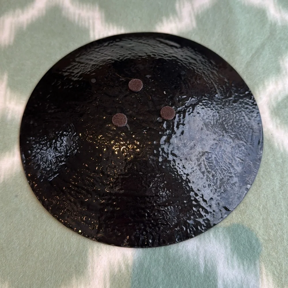 Vintage metal enamel shallow plate 7.5” - brown with cream accents